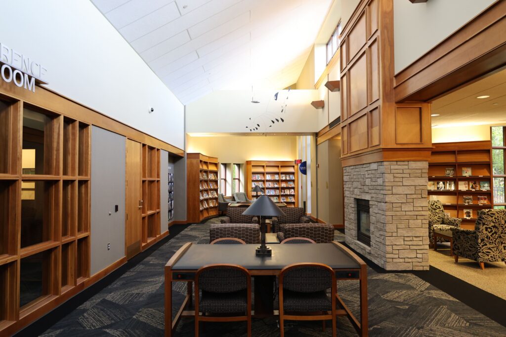 Study tables and seating areas at the adult section.