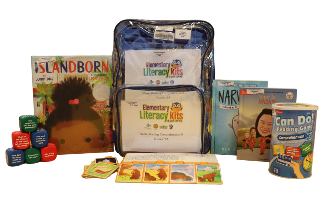 Elementary literacy kit featuring reading comprehension books and activities like story dice, story arc puzzles, and Can Do! Reading Game