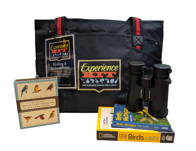 An Experience Kit bag with binoculars and birdwatching books