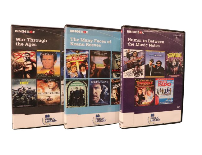Binge Box DVDs with titles like War through the Ages (featuring 300, Patriot, Fury, We Were Soldiers, and more); The Many Faces of Keanu Reeves (featuring Bill & Ted's Excellent Adventures, The Matrix, Replicas, and more); and Humor in Between Music Notes (featuring School of Rock, Blues Brothers, Pitch Perfect, and more)