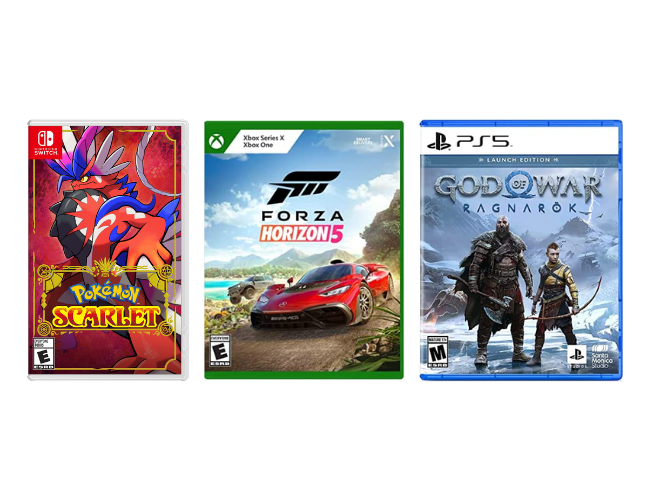 Pokemon Scarlet for the Nintendo Switch, Forza Horizon 5 for the Xbox, and God of War: Ragnarok for the PS5