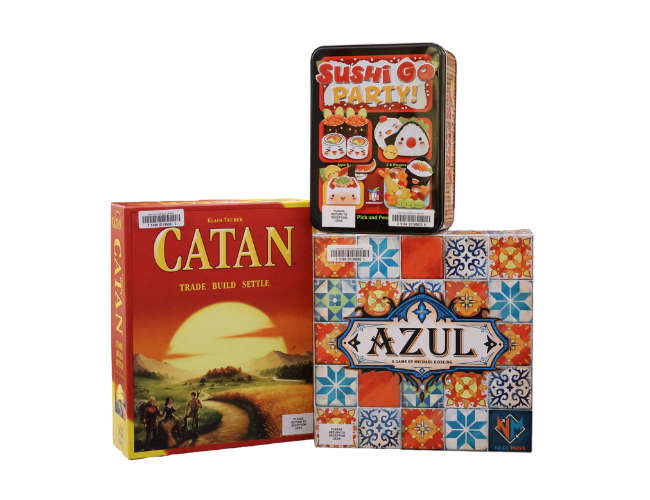 Catan, Azul, Sushi Go Party! board games