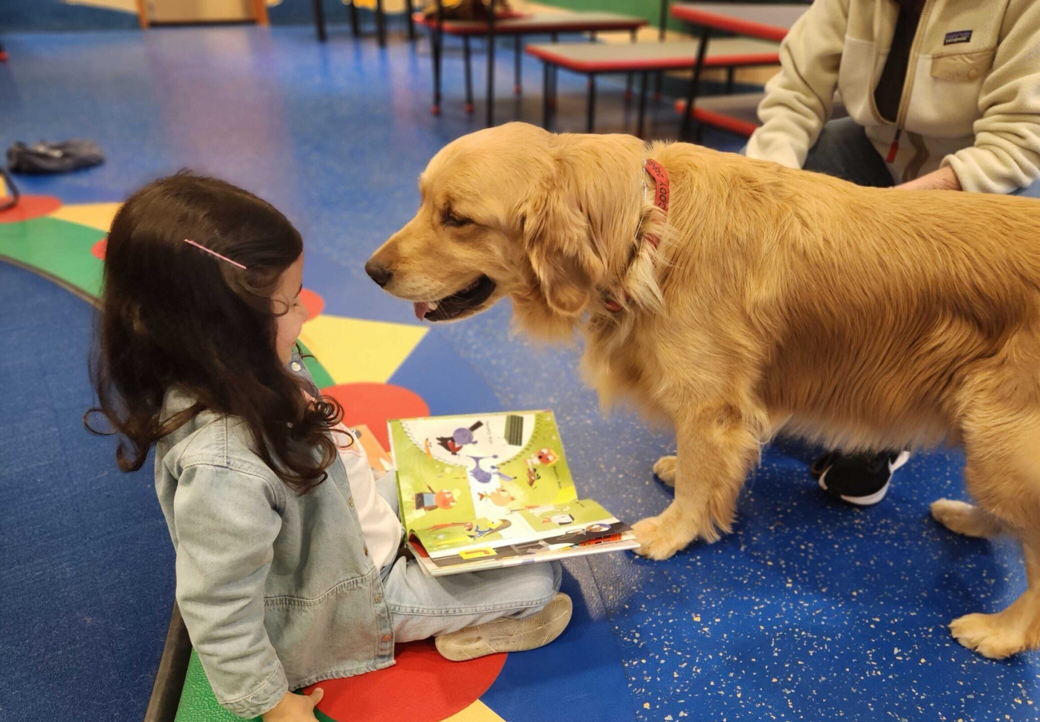 A girl holding a book while a dog faces her.