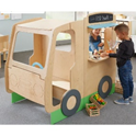 A wooden food truck for tactile play.