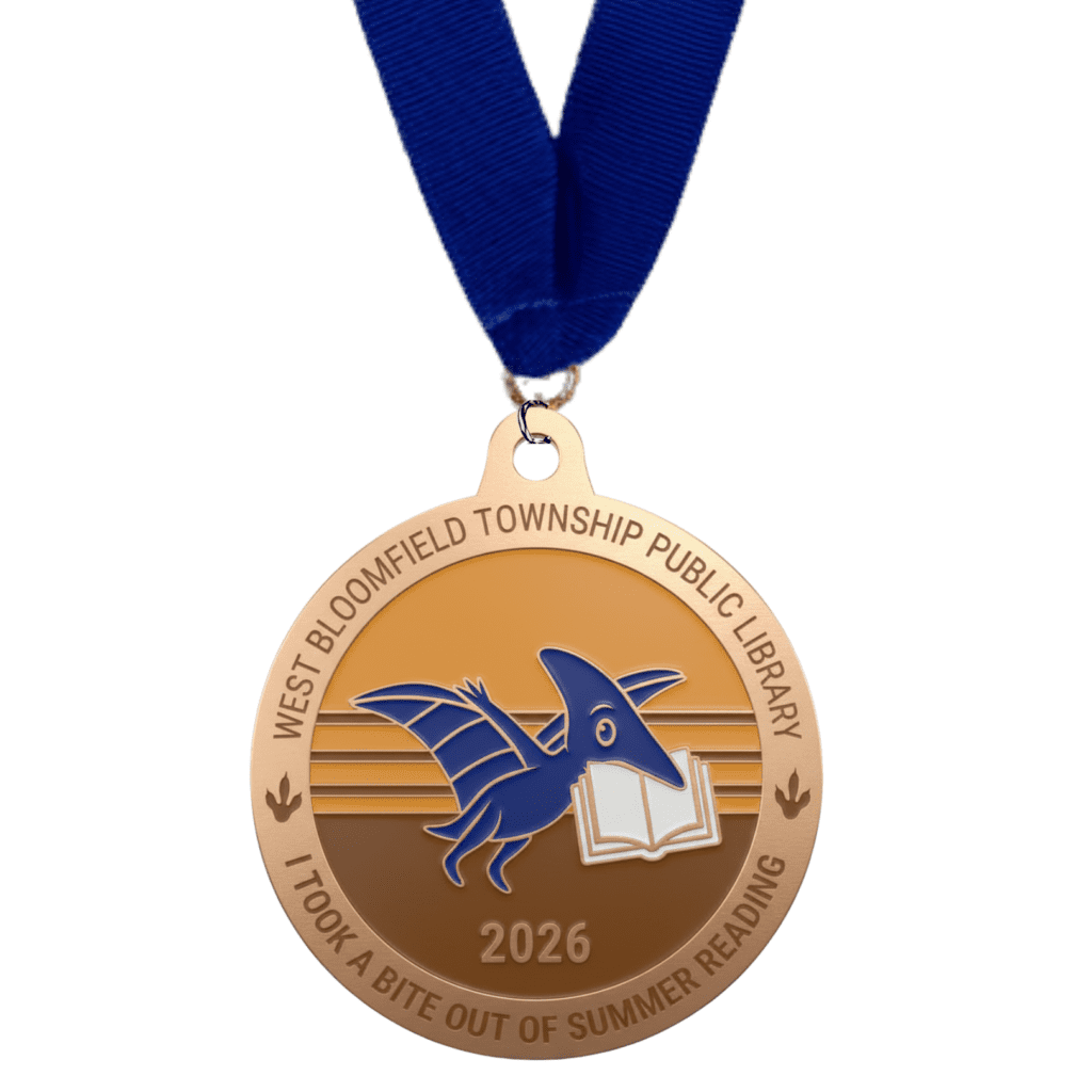A medal with a blue pterodactyl holding a book in its mouth. The outside of the medal reads "West Bloomfield Township Public Library" and "I Took a Bite out of Summer Reading" with the year 2026
