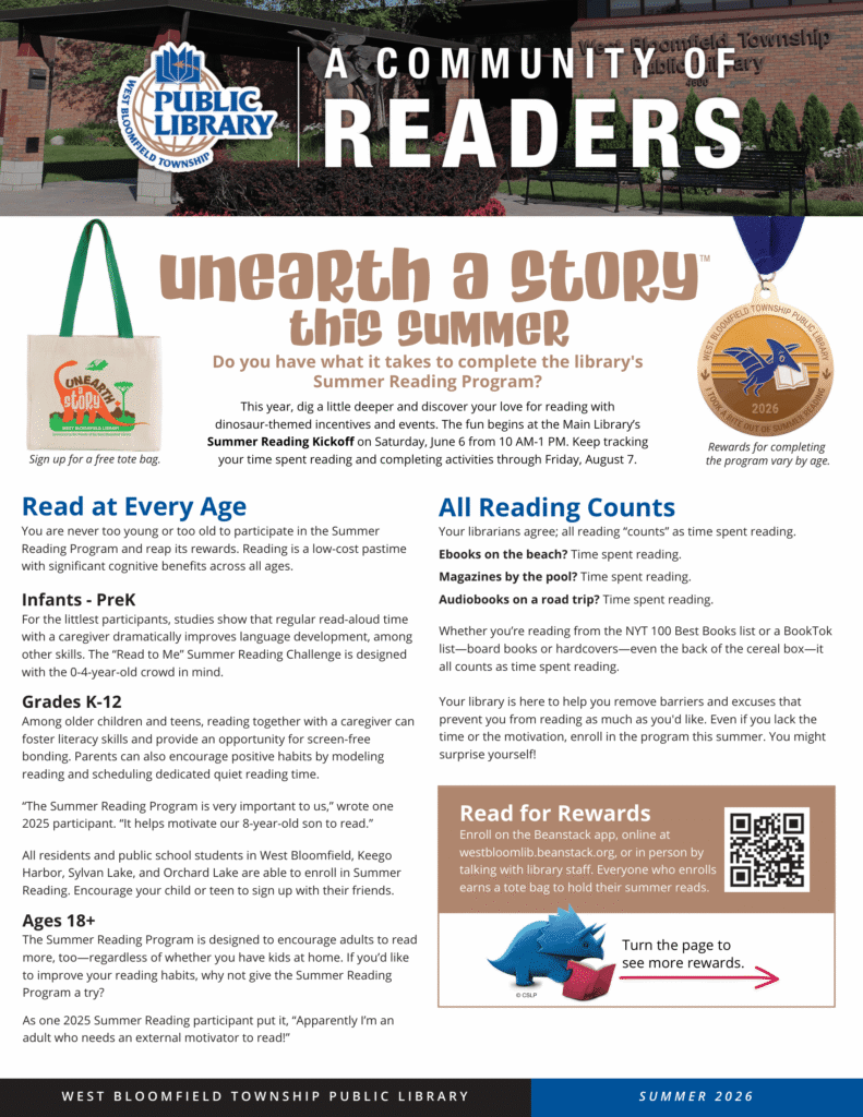 Cover of A Community of Readers. Title: Unearth a Story this Summer. Tagline: Do you have what it takes to complete the library's Summer Reading Program? Subheadings: Read at every age. All Reading counts. Read for Rewards.