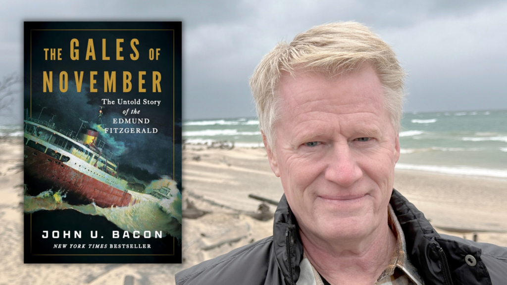 John U. Bacon on the beach of a lake, with The Gales of November book superimposed on top